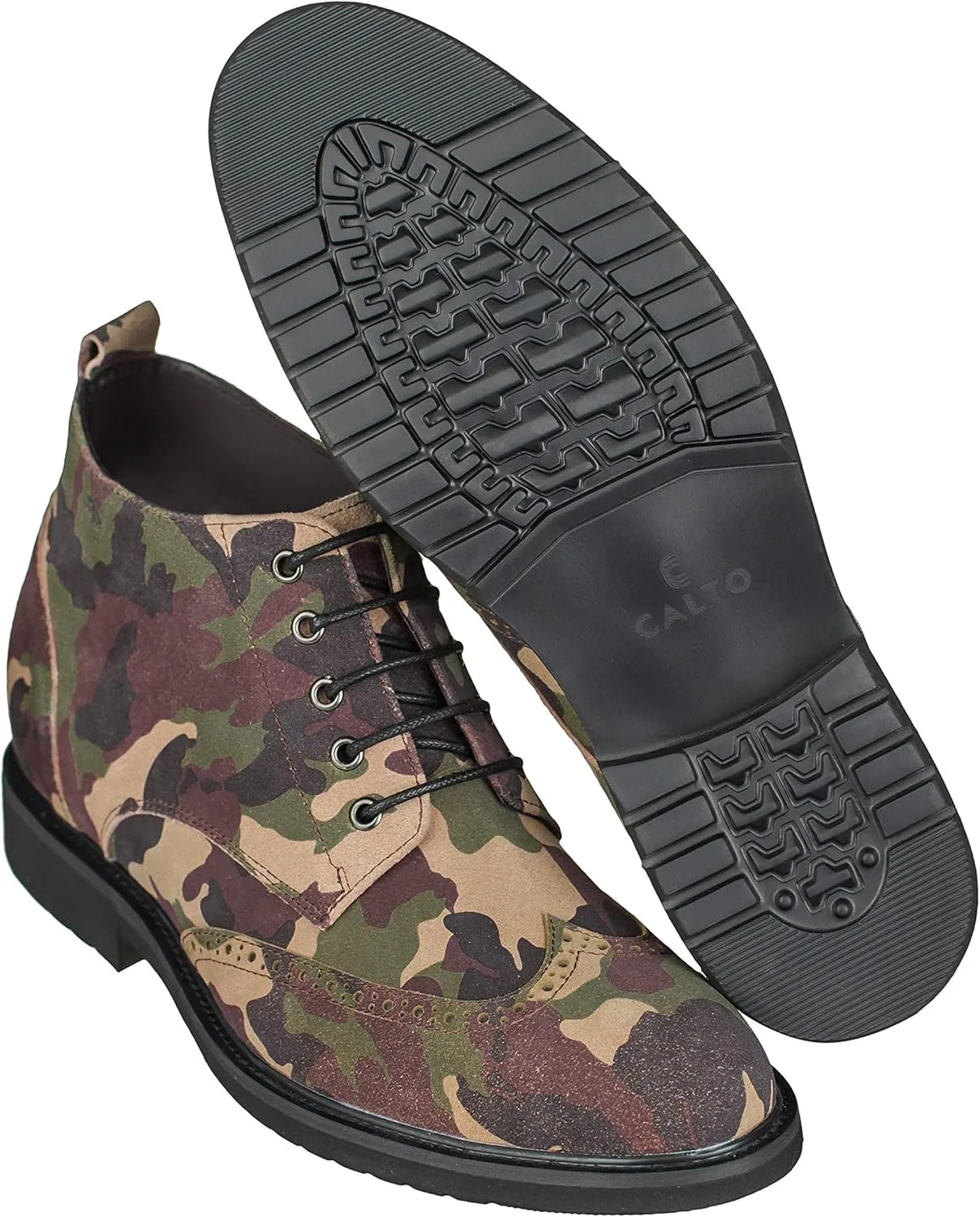 CALTO Men's Invisible Height Increasing Elevator Shoes - Camo Green Premium Leather Lace-up Lightweight Wing-tip Work Boots - 3 Inches Taller - S3651 - Size 8 D(M) US