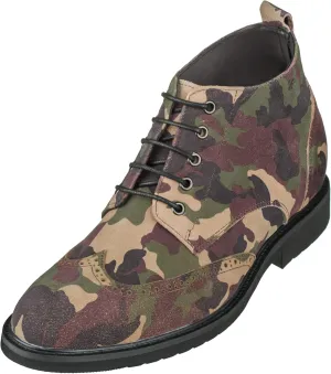 CALTO Men's Invisible Height Increasing Elevator Shoes - Camo Green Premium Leather Lace-up Lightweight Wing-tip Work Boots - 3 Inches Taller - S3651 - Size 8 D(M) US