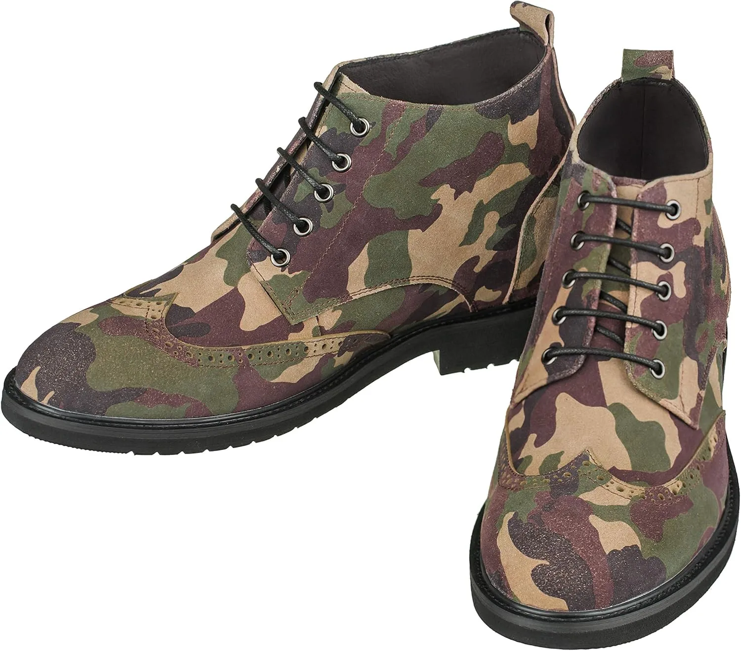 CALTO Men's Invisible Height Increasing Elevator Shoes - Camo Green Premium Leather Lace-up Lightweight Wing-tip Work Boots - 3 Inches Taller - S3651 - Size 8 D(M) US