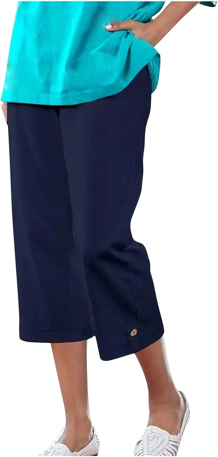 Capri Pants for Women,Casual Linen Pants Women 2025 Wide Leg Summer Pants with Pockets Beach Vacation Clothes