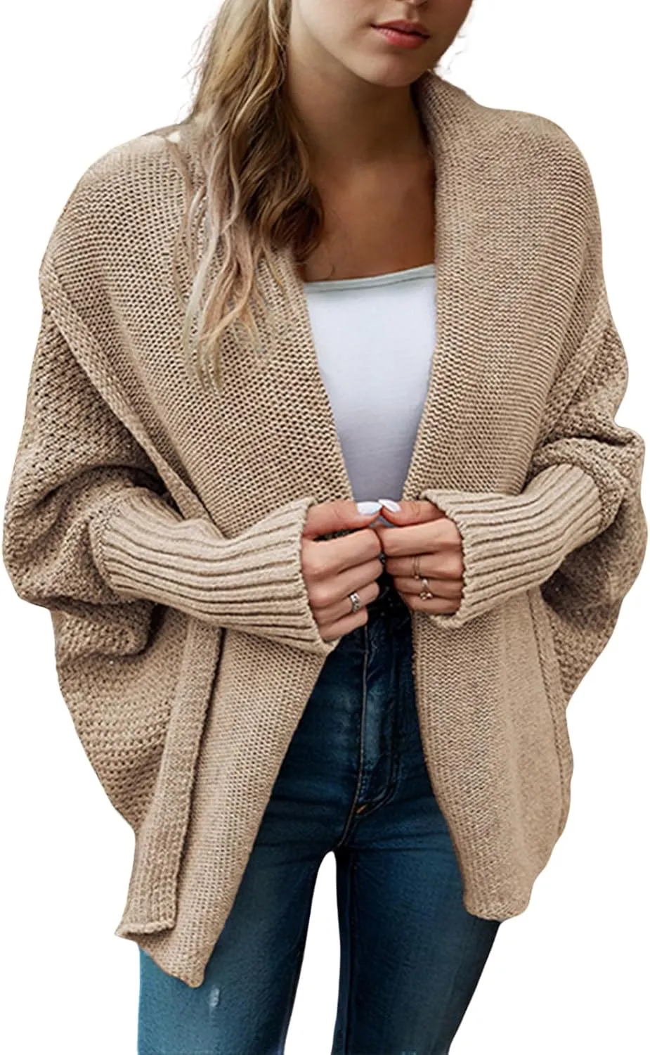Cardigan Sweaters for Women Open Front Batwing Long Sleeve Shawl Neck Chunky Knit Loose Outwear Coats