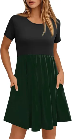 Casual Dresses for Women Color Block Tshirt Above Knee Pleated A-Line Loose Round Neck Summer Pocket Dress