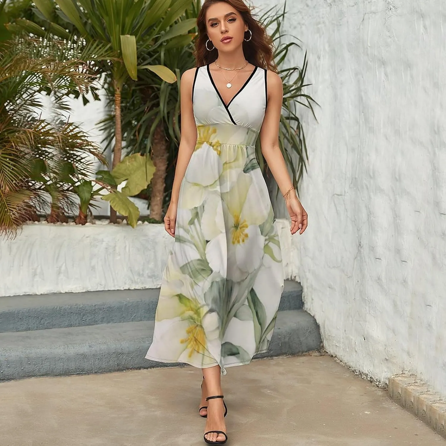 Casual Tank Dress V-Neck Sleeveless Adjustable Beach Dress