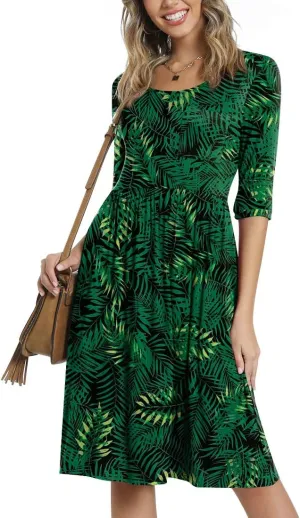 CATHY Women's 3/4 Sleeve 2025 Casual High Waist Round Neck Midi Dress with Pockets