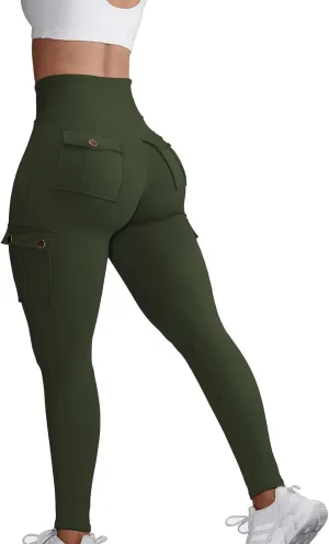 Chic-Me Pocket Design Butt Lifting Active Leggings, High Waist Tummy Control Running Yoga Pants, Workout Cargo Leggings for