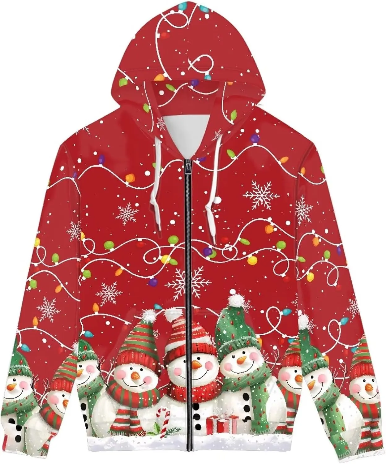 Christmas Men's Zip Up Hoodie Colourful Lights Christmas Snowman Casual Comfy Pullover Long Sleeve Sweatshirt