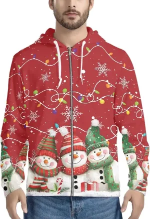 Christmas Men's Zip Up Hoodie Colourful Lights Christmas Snowman Casual Comfy Pullover Long Sleeve Sweatshirt
