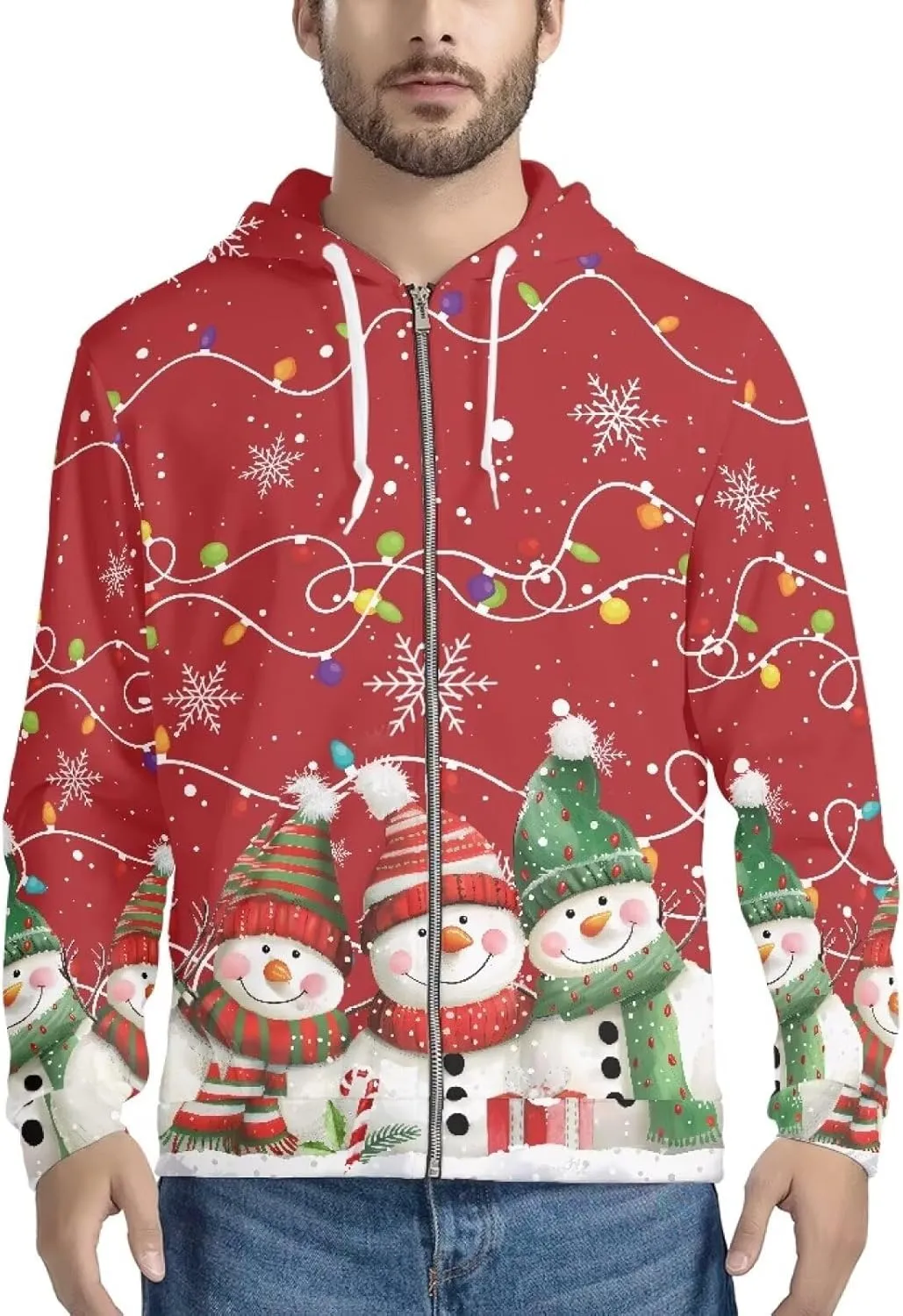 Christmas Men's Zip Up Hoodie Colourful Lights Christmas Snowman Casual Comfy Pullover Long Sleeve Sweatshirt