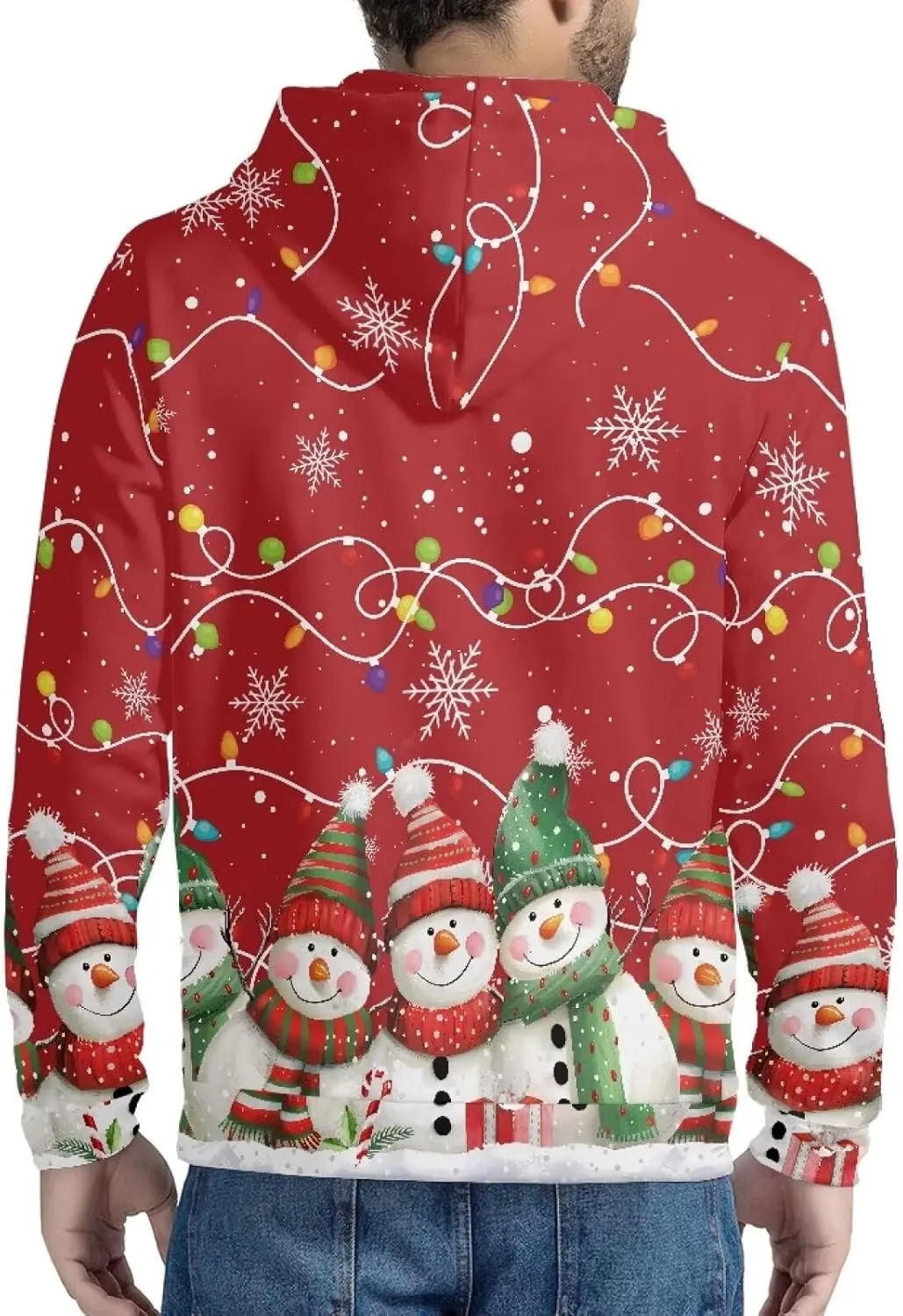 Christmas Men's Zip Up Hoodie Colourful Lights Christmas Snowman Casual Comfy Pullover Long Sleeve Sweatshirt