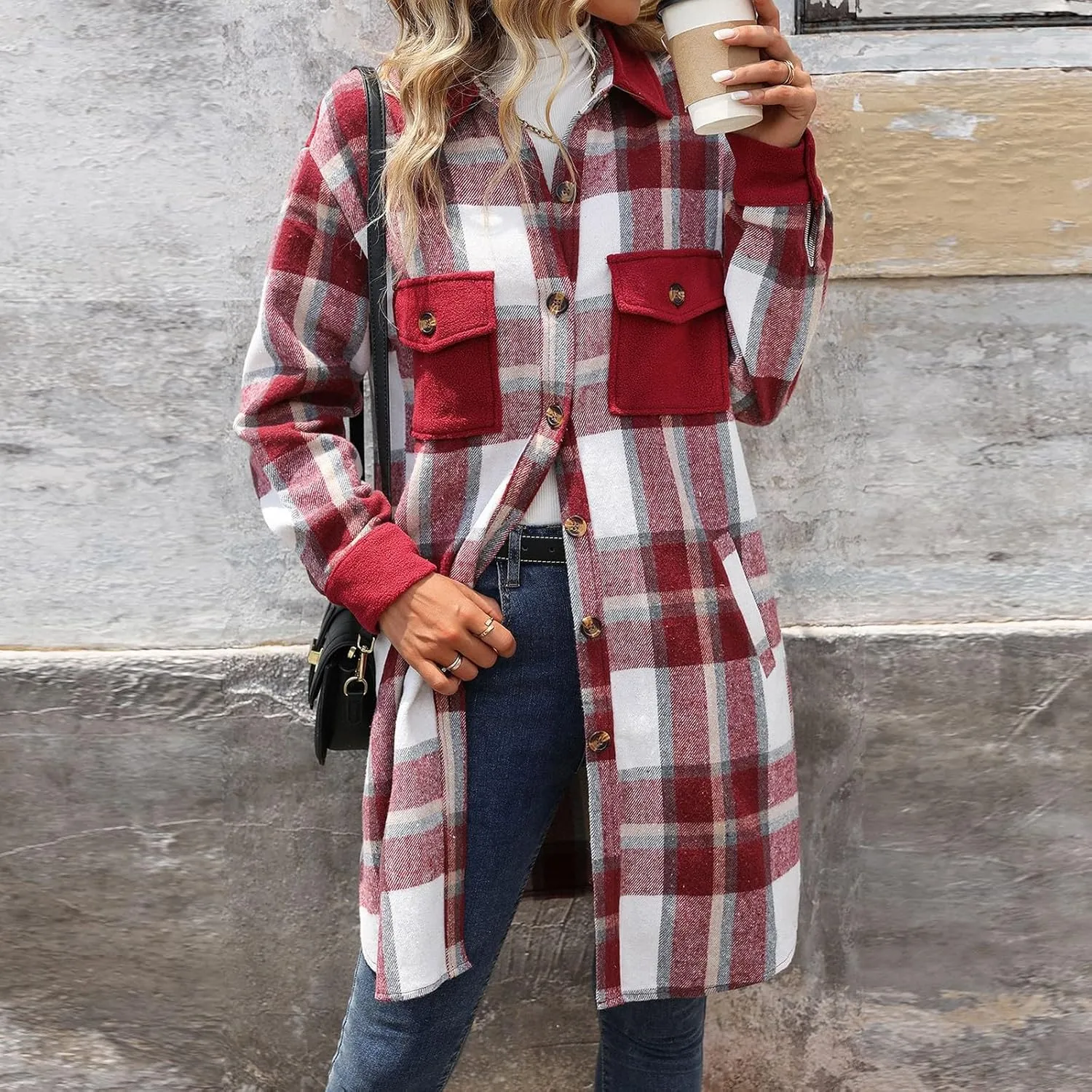 COTECRAM Women's Casual Lapel Button Down Long Plaid Shirt Jackets Fall Winter Fleece Trench Coat Pocketed Shacket Jacket