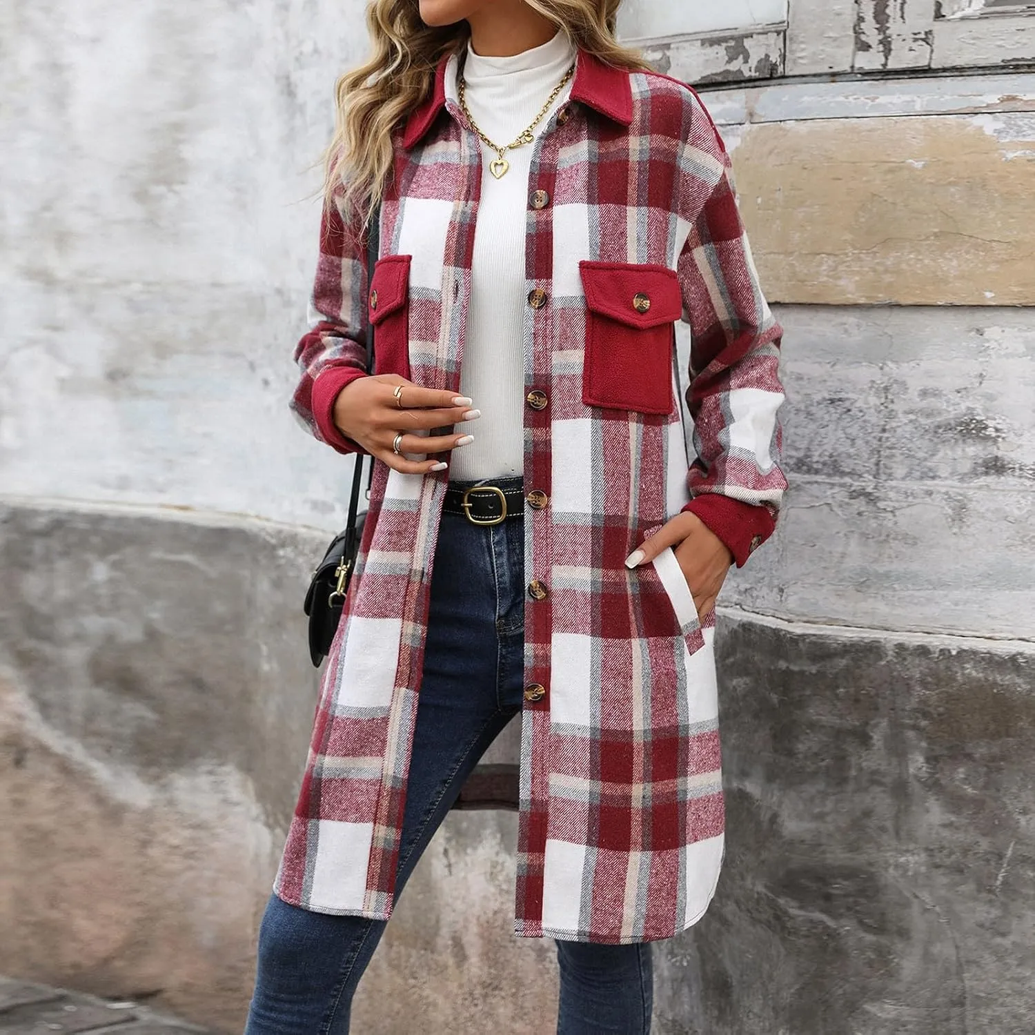COTECRAM Women's Casual Lapel Button Down Long Plaid Shirt Jackets Fall Winter Fleece Trench Coat Pocketed Shacket Jacket