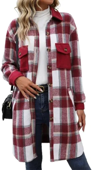 COTECRAM Women's Casual Lapel Button Down Long Plaid Shirt Jackets Fall Winter Fleece Trench Coat Pocketed Shacket Jacket