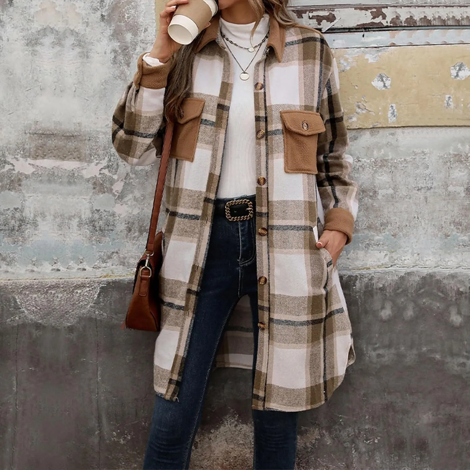 COTECRAM Women's Casual Lapel Button Down Long Plaid Shirt Jackets Fall Winter Fleece Trench Coat Pocketed Shacket Jacket