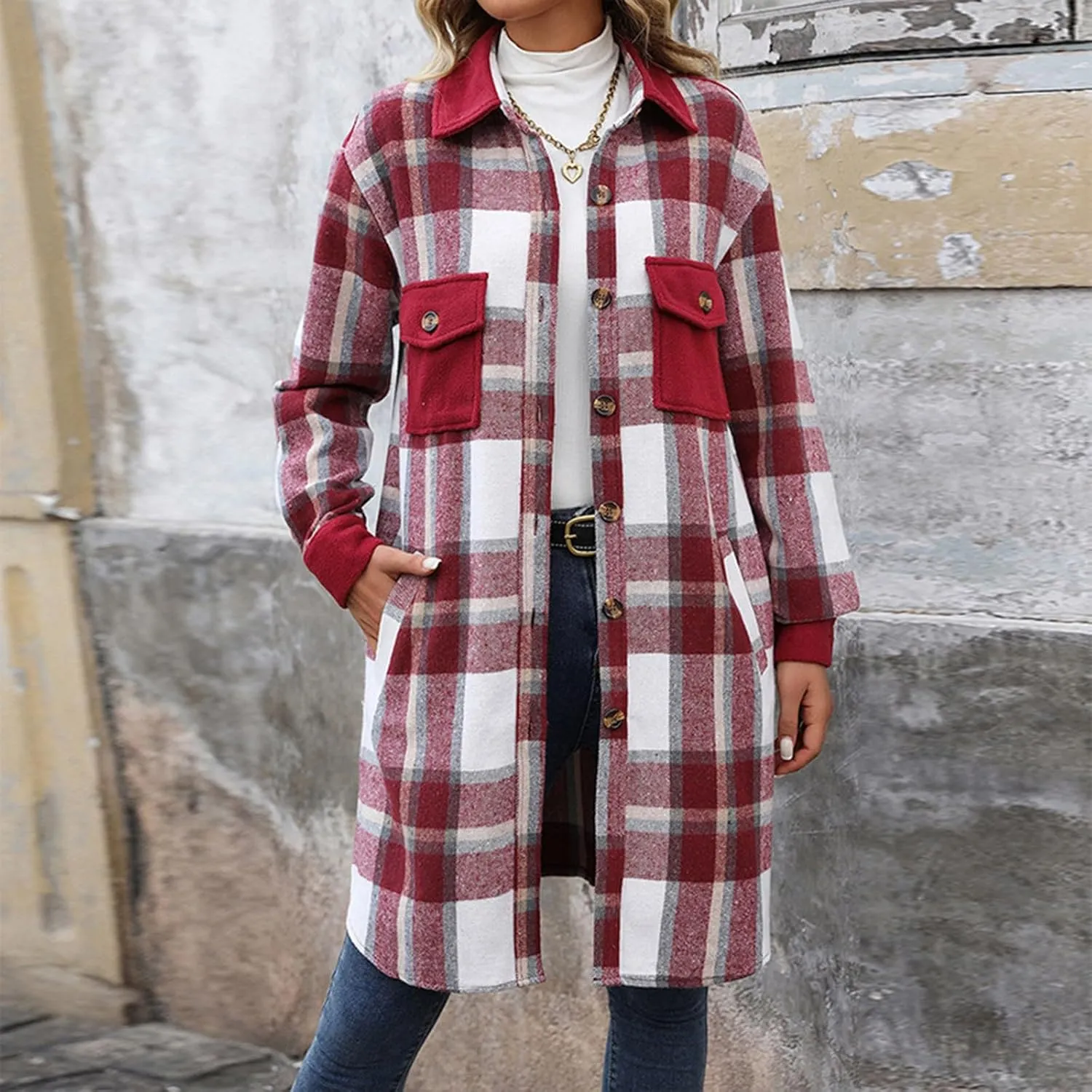 COTECRAM Women's Casual Lapel Button Down Long Plaid Shirt Jackets Fall Winter Fleece Trench Coat Pocketed Shacket Jacket