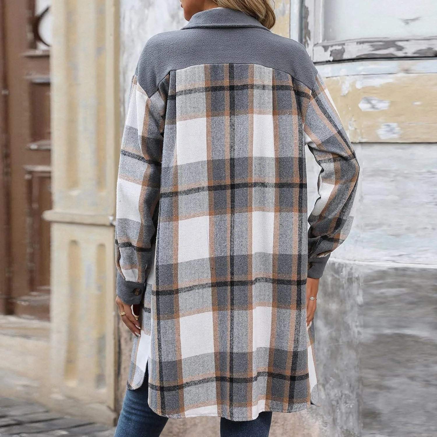 COTECRAM Women's Casual Lapel Button Down Long Plaid Shirt Jackets Fall Winter Fleece Trench Coat Pocketed Shacket Jacket