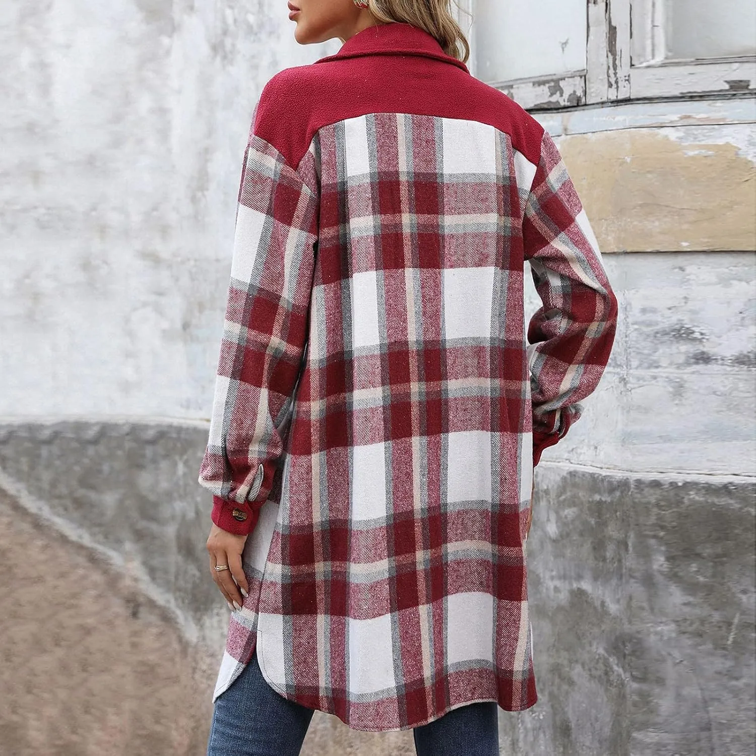 COTECRAM Women's Casual Lapel Button Down Long Plaid Shirt Jackets Fall Winter Fleece Trench Coat Pocketed Shacket Jacket