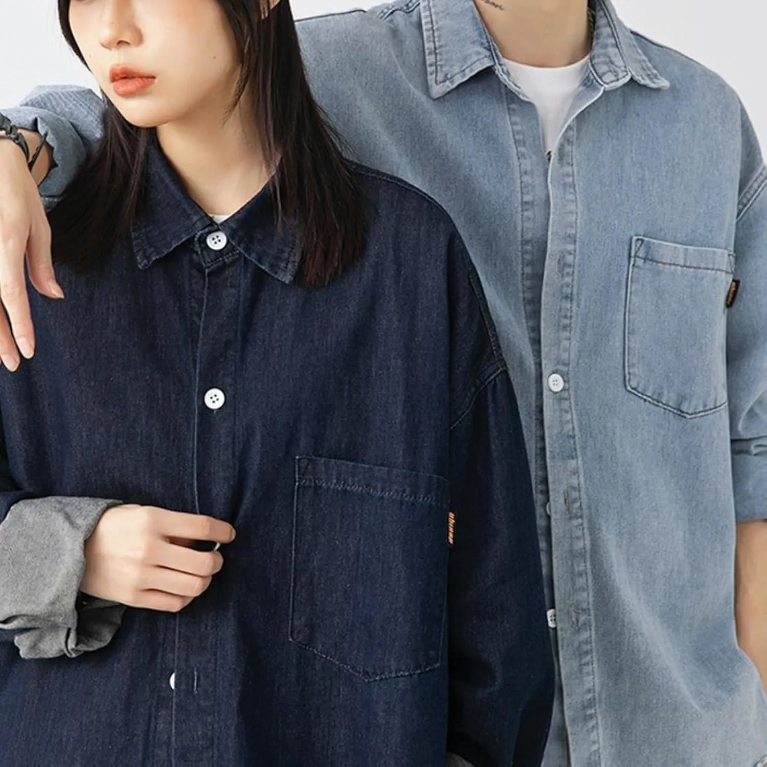 Couple Casual Denim Shirt Relaxed Fit Oversized Hip Hop Outerwear Classic Western Shirt Coat