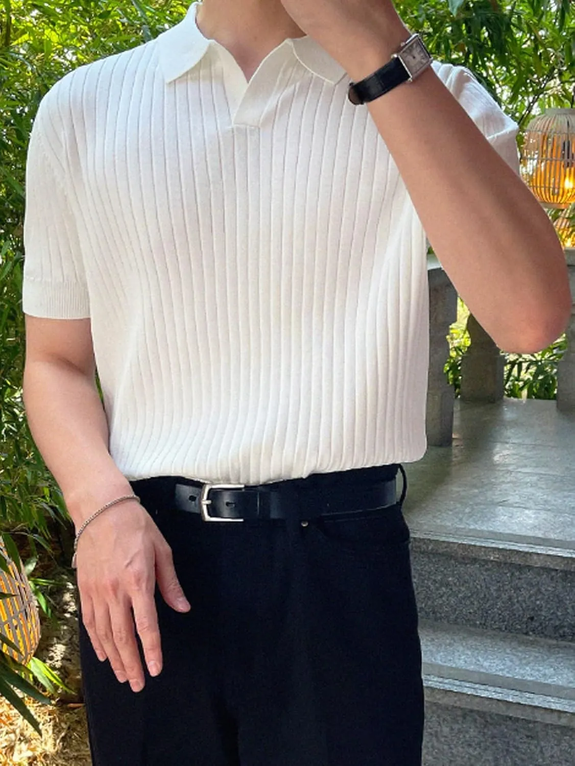 COZYEASE Men's Ribbed Knit Top V Neck Short Sleeve T Shirt Casual Plain Solid Tees Top Shirt