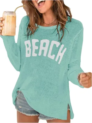 COZYEASE Women's Beach Cover Up Letter Print Long Sleeve Sweater Crew Neck Split Hem Crochet Jumper Top