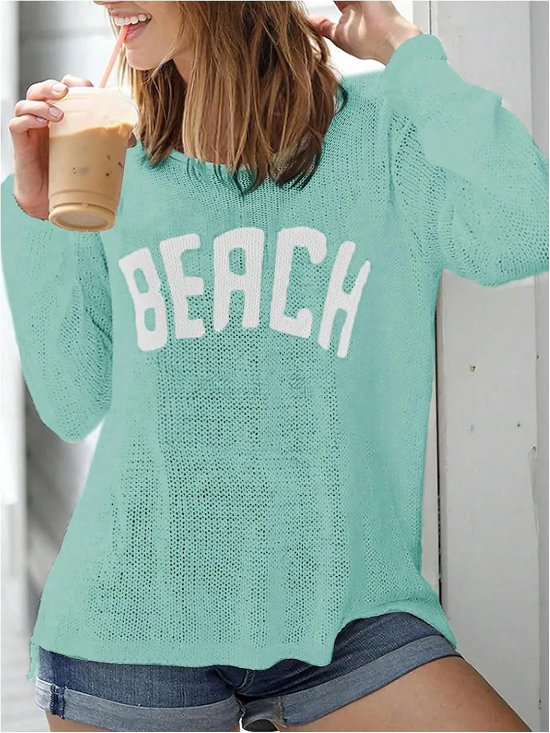 COZYEASE Women's Beach Cover Up Letter Print Long Sleeve Sweater Crew Neck Split Hem Crochet Jumper Top