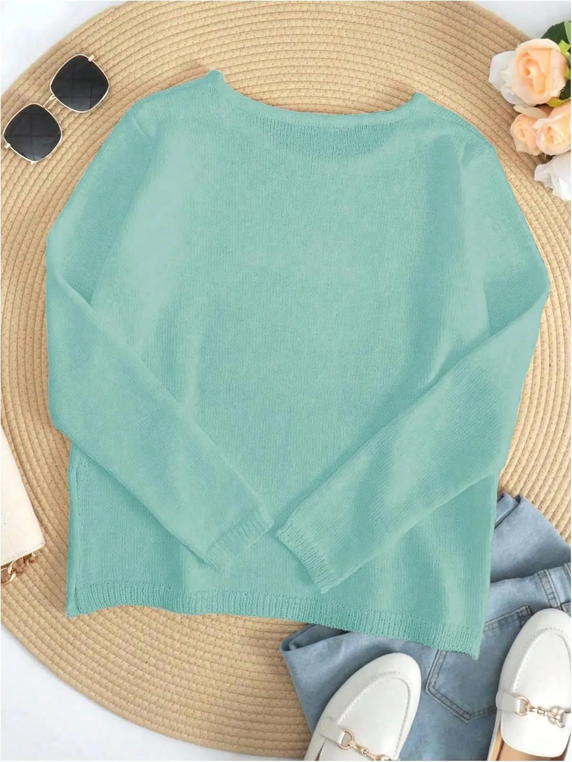 COZYEASE Women's Beach Cover Up Letter Print Long Sleeve Sweater Crew Neck Split Hem Crochet Jumper Top