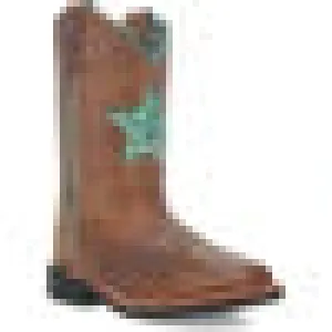 DAN POST GIRLS BROWN BOOTS WITH TEAL LEOPARD STAR INLAY