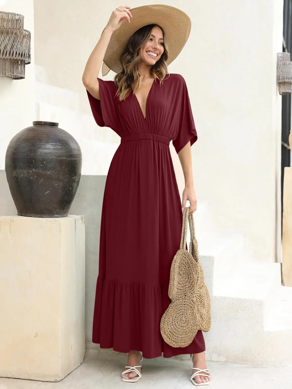 DEEP SELF Womens Summer V Neck Batwing Short Sleeve Maxi Dress Casual Loose High Waist Flowy Long Beach Dress