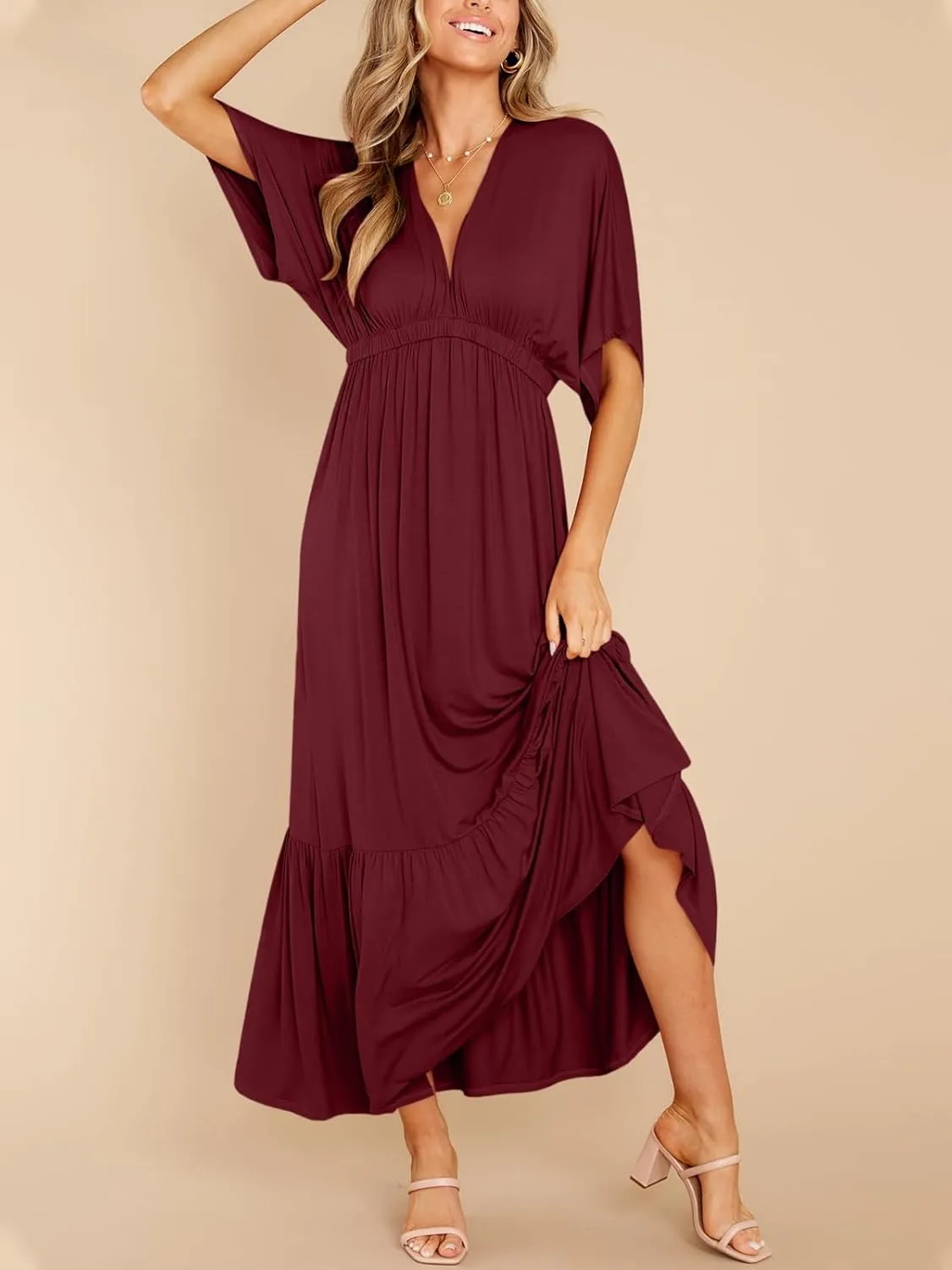 DEEP SELF Womens Summer V Neck Batwing Short Sleeve Maxi Dress Casual Loose High Waist Flowy Long Beach Dress