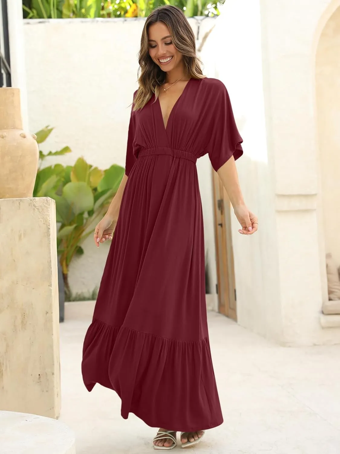DEEP SELF Womens Summer V Neck Batwing Short Sleeve Maxi Dress Casual Loose High Waist Flowy Long Beach Dress