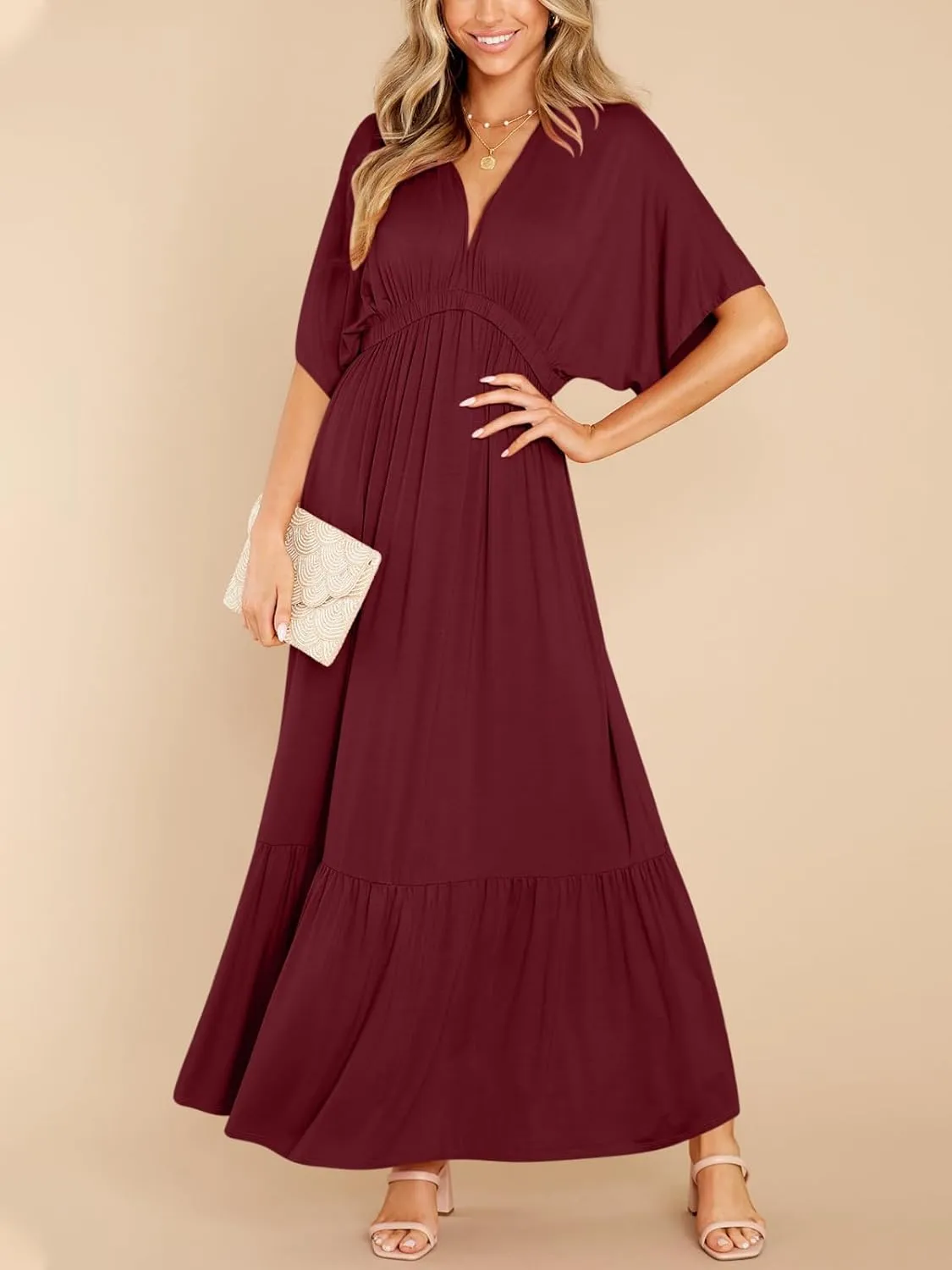DEEP SELF Womens Summer V Neck Batwing Short Sleeve Maxi Dress Casual Loose High Waist Flowy Long Beach Dress