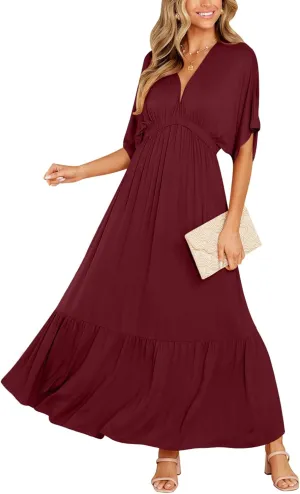 DEEP SELF Womens Summer V Neck Batwing Short Sleeve Maxi Dress Casual Loose High Waist Flowy Long Beach Dress
