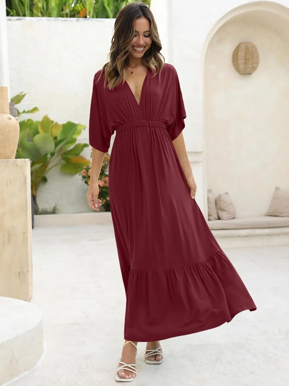 DEEP SELF Womens Summer V Neck Batwing Short Sleeve Maxi Dress Casual Loose High Waist Flowy Long Beach Dress