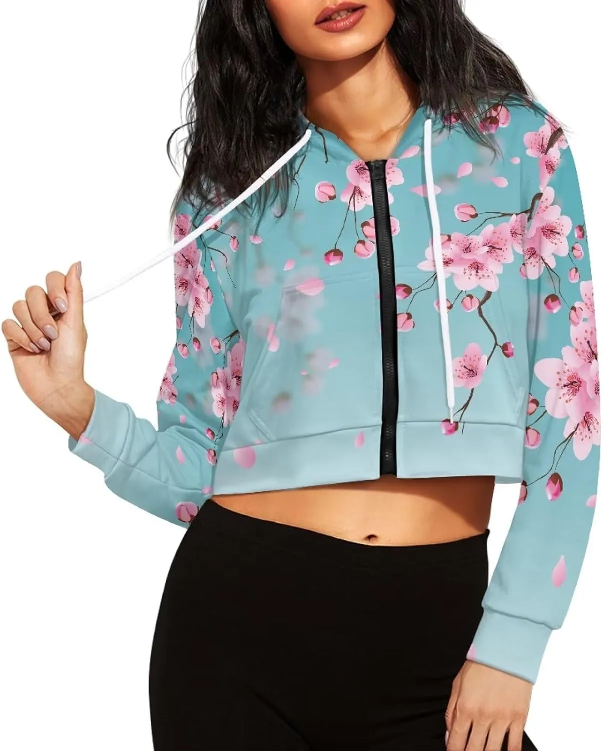 DISNIMO Women's Y2K Hoodies Casual Long Sleeve Zip Up Drawstring Cropped Hoodie Hooded Crop Jacket Top with Pockets