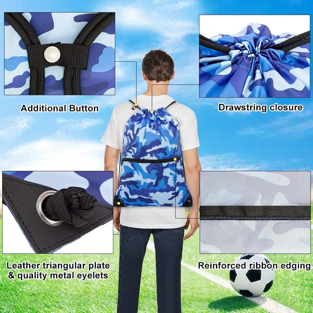 draw string back bag, Large Gym Sports string backpack for men and women with front zipper pocket and inside zipper pocket to keep key or phone(blue camo)