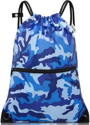 draw string back bag, Large Gym Sports string backpack for men and women with front zipper pocket and inside zipper pocket to keep key or phone(blue camo)
