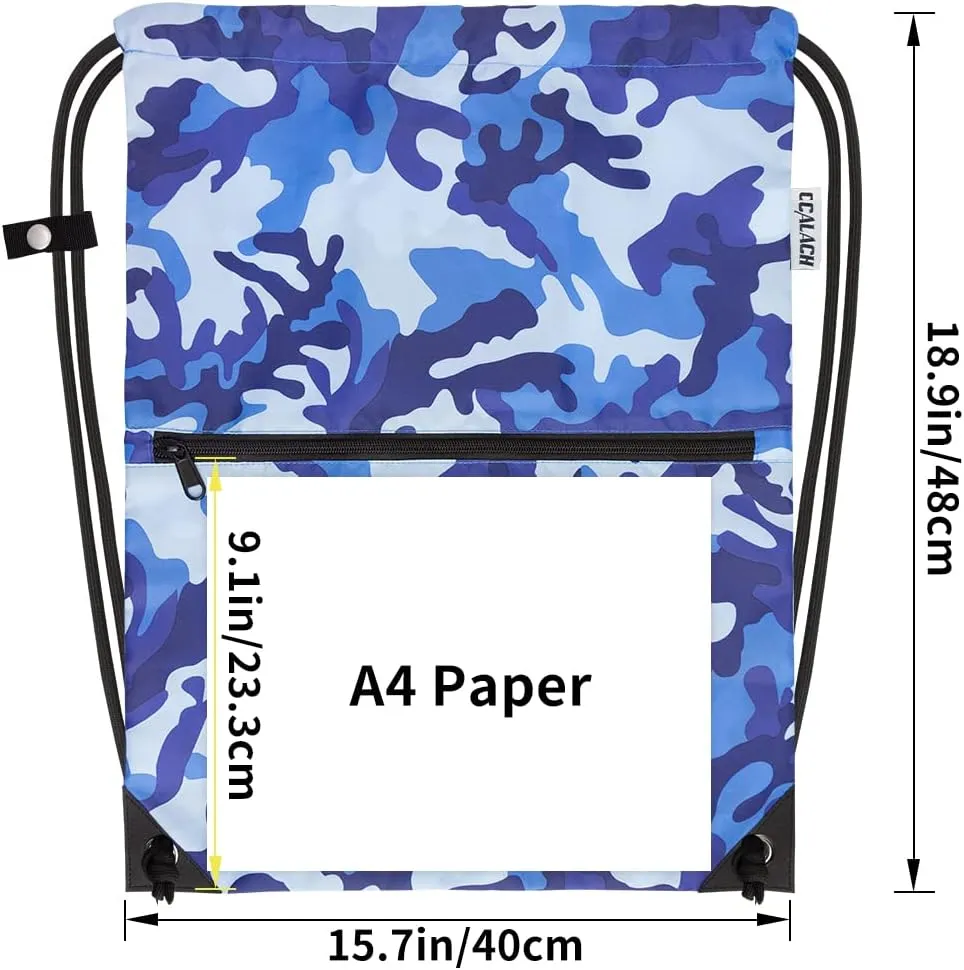 draw string back bag, Large Gym Sports string backpack for men and women with front zipper pocket and inside zipper pocket to keep key or phone(blue camo)