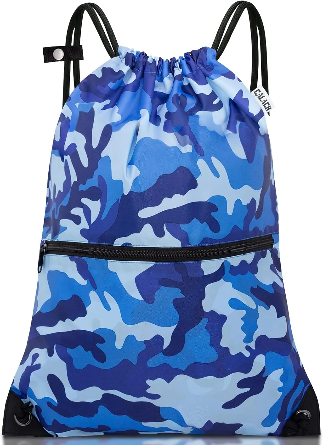 draw string back bag, Large Gym Sports string backpack for men and women with front zipper pocket and inside zipper pocket to keep key or phone(blue camo)