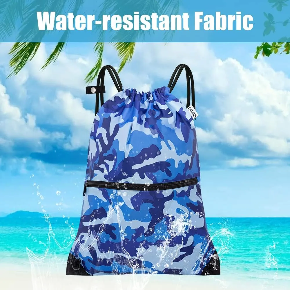 draw string back bag, Large Gym Sports string backpack for men and women with front zipper pocket and inside zipper pocket to keep key or phone(blue camo)