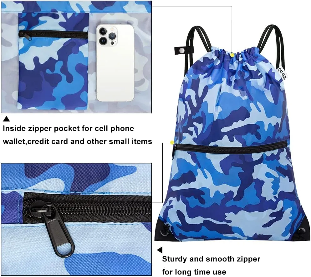 draw string back bag, Large Gym Sports string backpack for men and women with front zipper pocket and inside zipper pocket to keep key or phone(blue camo)