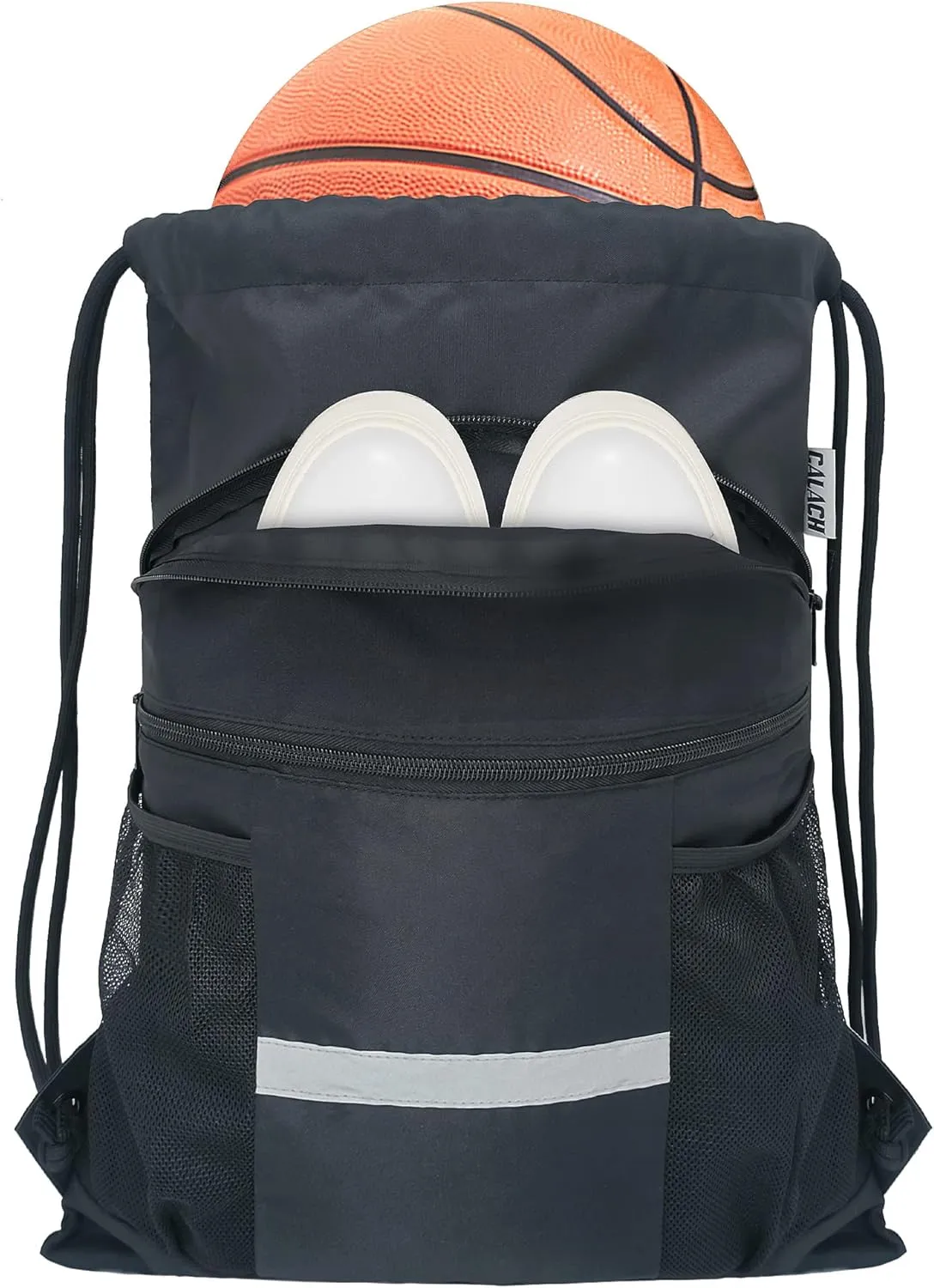Drawstring Backpack Sports Gym Bag with Shoe Compartment, X-Large String Bag for Women Men with Zipper Pockets and Mesh Pockets (Black)