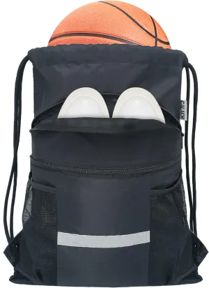 Drawstring Backpack Sports Gym Bag with Shoe Compartment, X-Large String Bag for Women Men with Zipper Pockets and Mesh Pockets (Black)
