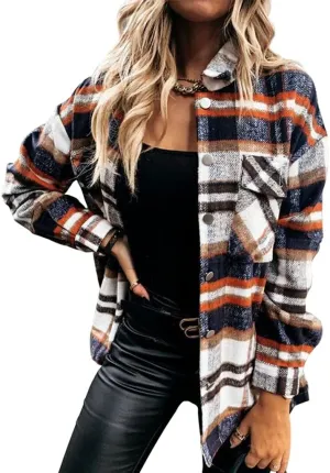 ebossy Womens Classic Lapel Plaid Shirt Coat Long Sleeve Wool Blend Jacket Shacket with Flap Pocket