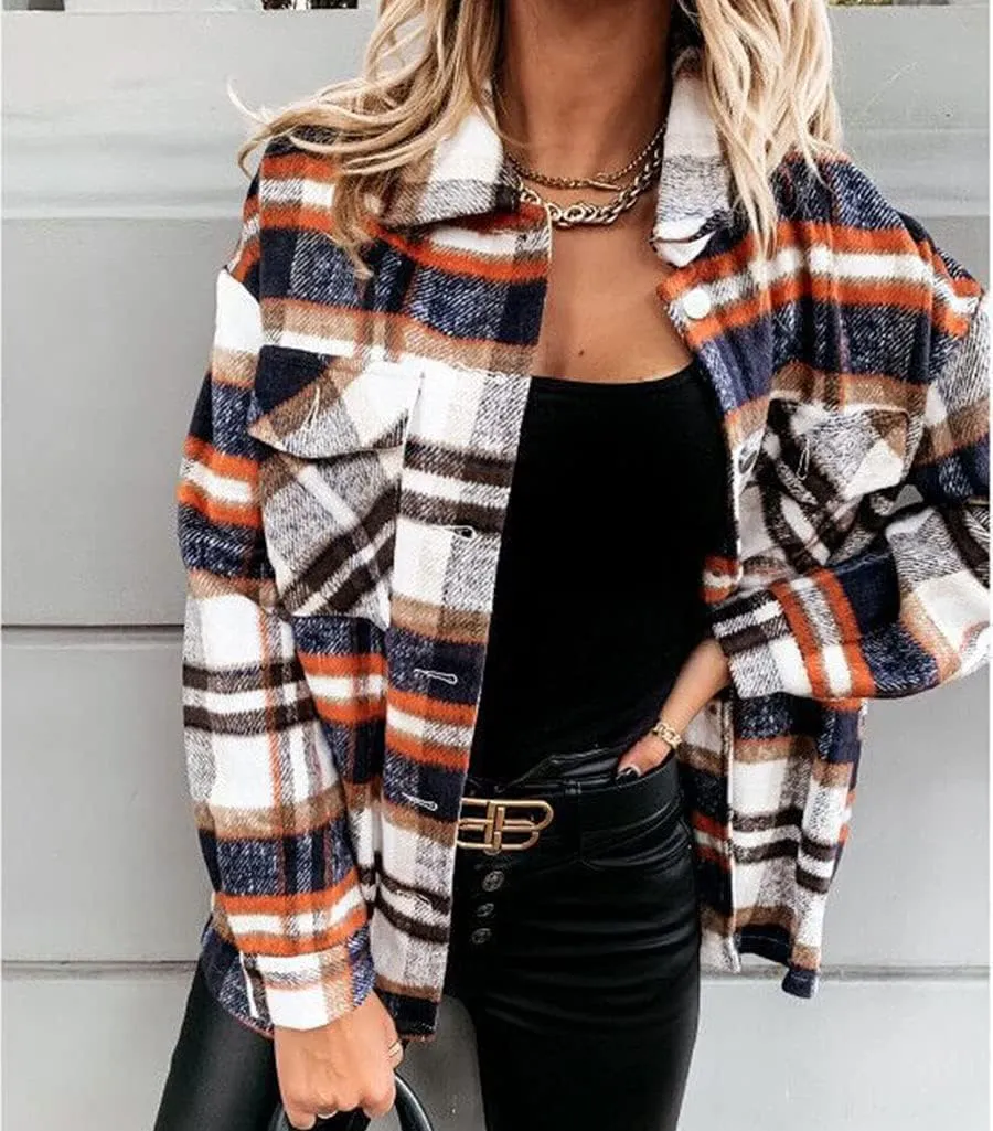 ebossy Womens Classic Lapel Plaid Shirt Coat Long Sleeve Wool Blend Jacket Shacket with Flap Pocket