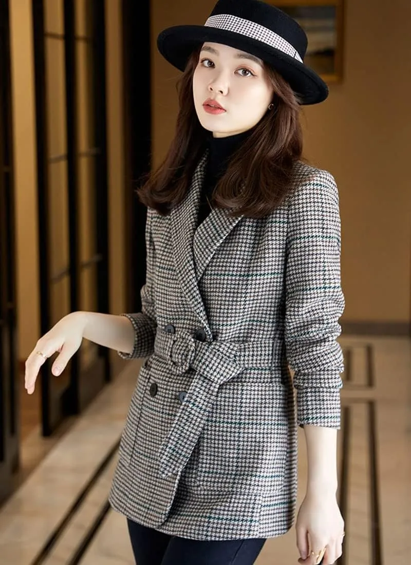 ebossy Womens Double Breasted Plaid Houndstooth Blazer Jacket Thicker Wool Blend Self-Belt Peacoat