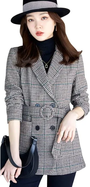 ebossy Womens Double Breasted Plaid Houndstooth Blazer Jacket Thicker Wool Blend Self-Belt Peacoat