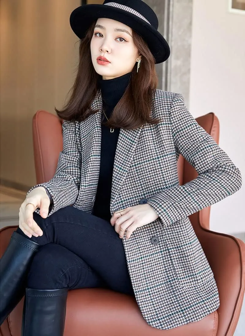 ebossy Womens Double Breasted Plaid Houndstooth Blazer Jacket Thicker Wool Blend Self-Belt Peacoat