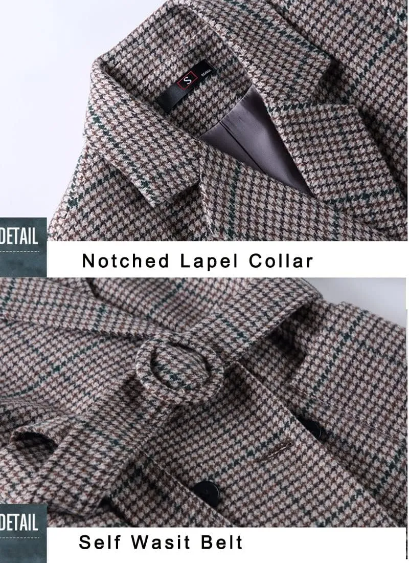 ebossy Womens Double Breasted Plaid Houndstooth Blazer Jacket Thicker Wool Blend Self-Belt Peacoat
