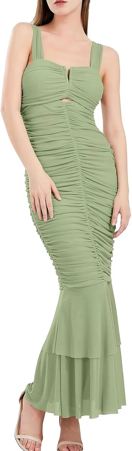 ebossy Women's Sexy Backless Zipper Pleated Ruffles Mermaid Fishtail Evening Party Bodycon Maxi Dress