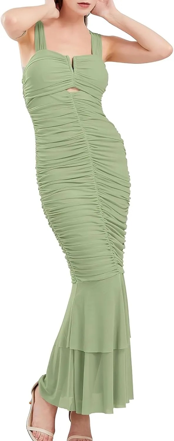 ebossy Women's Sexy Backless Zipper Pleated Ruffles Mermaid Fishtail Evening Party Bodycon Maxi Dress