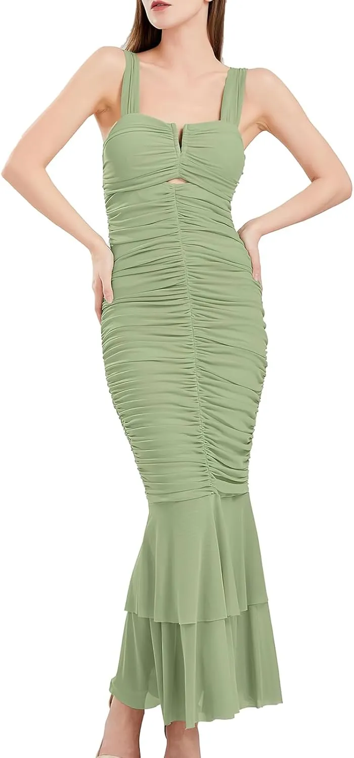 ebossy Women's Sexy Backless Zipper Pleated Ruffles Mermaid Fishtail Evening Party Bodycon Maxi Dress